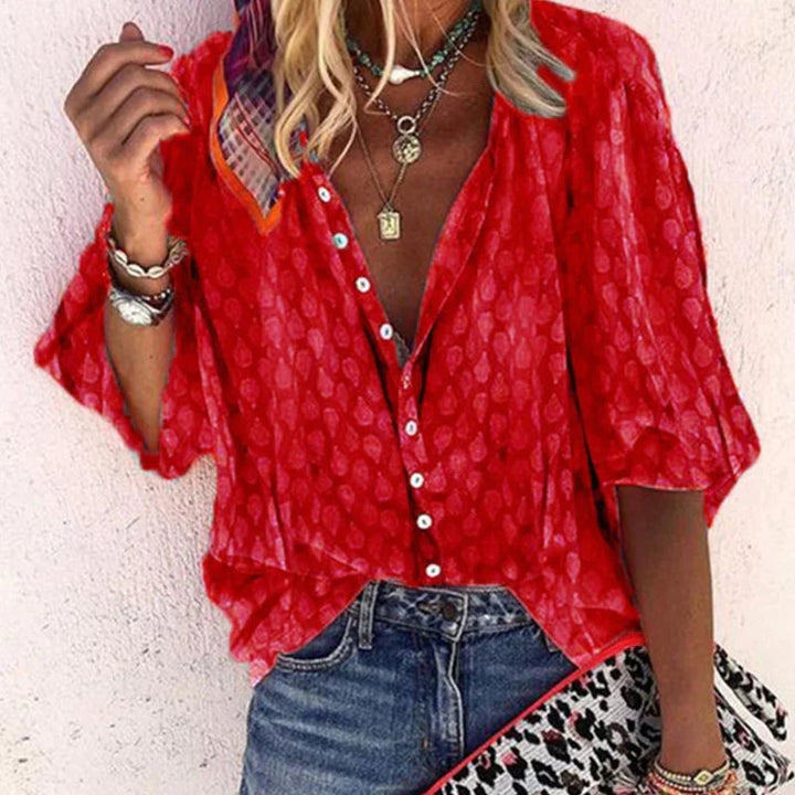 Womens Textured Button-Front Blouse Batwing Sleeve