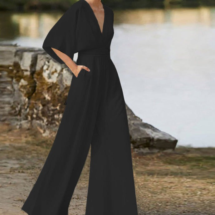 Womens V-Neck Jumpsuit Elegant Fit