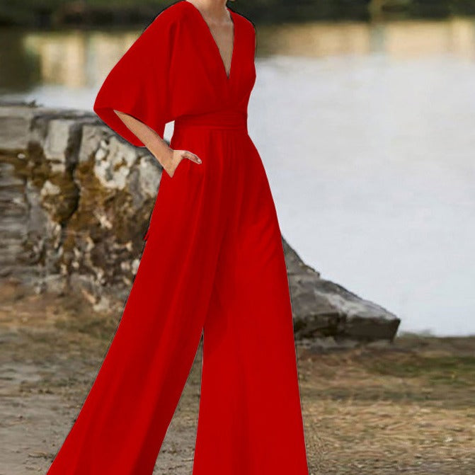 Womens V-Neck Jumpsuit Elegant Fit