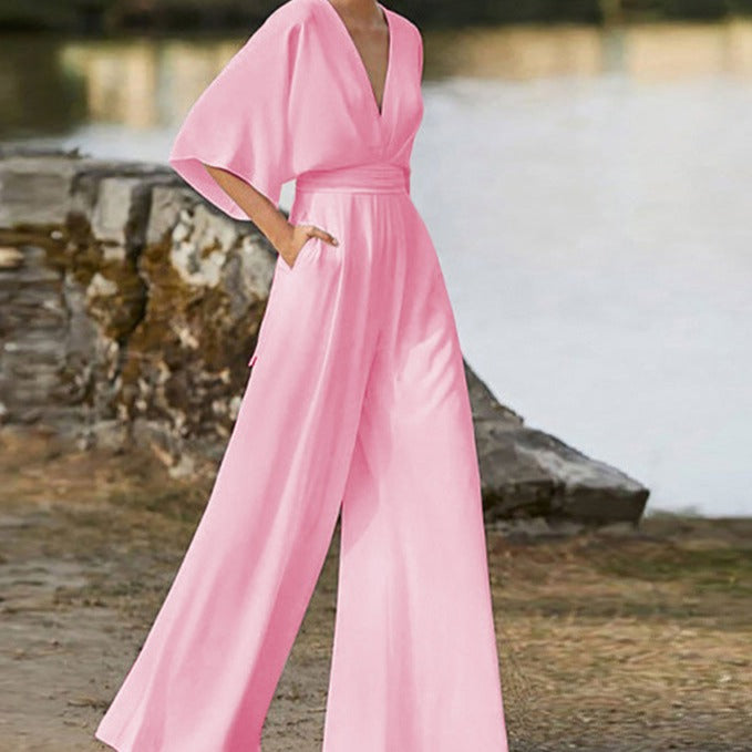 Womens V-Neck Jumpsuit Elegant Fit