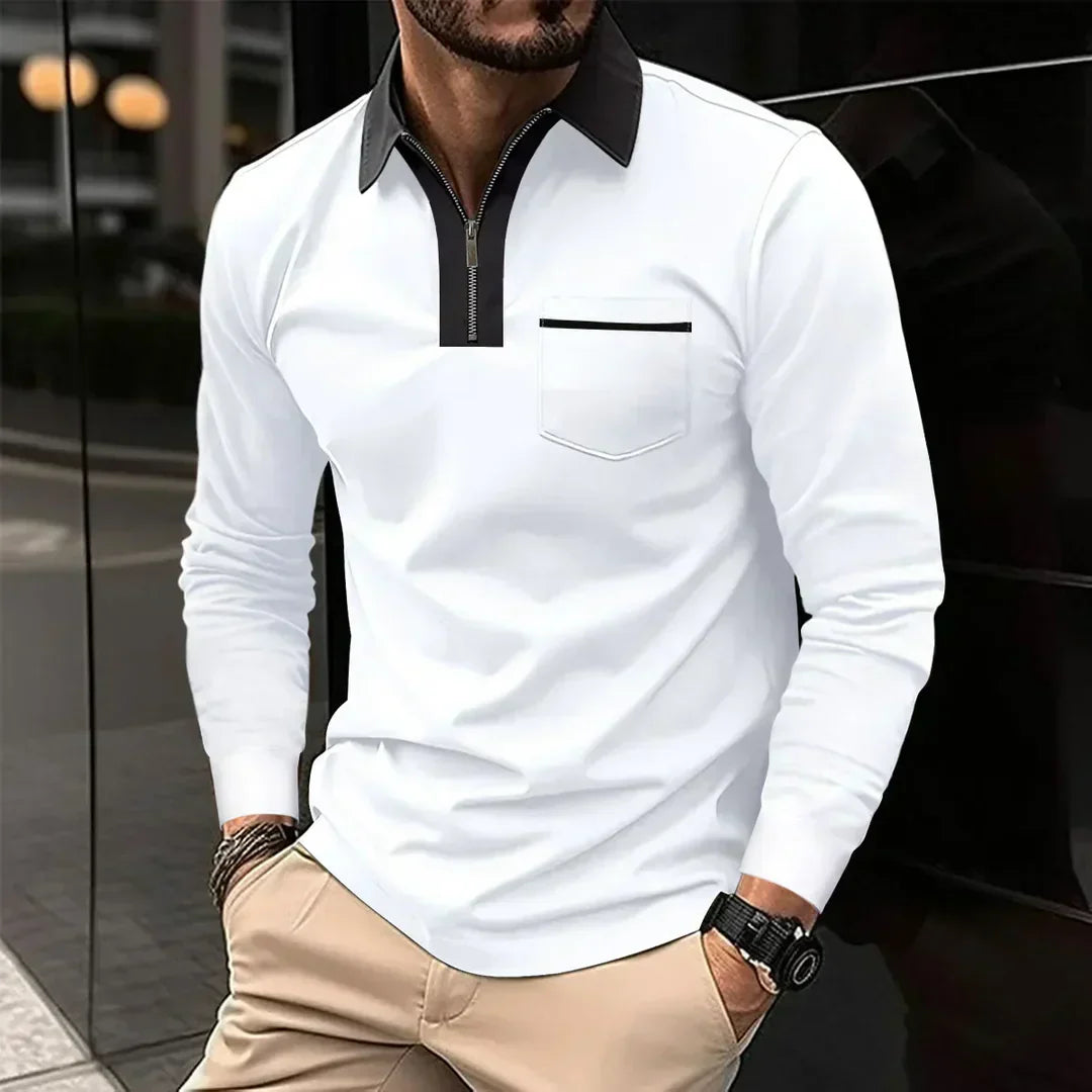 Mens Long-Sleeve Polo Shirt with Zip Collar