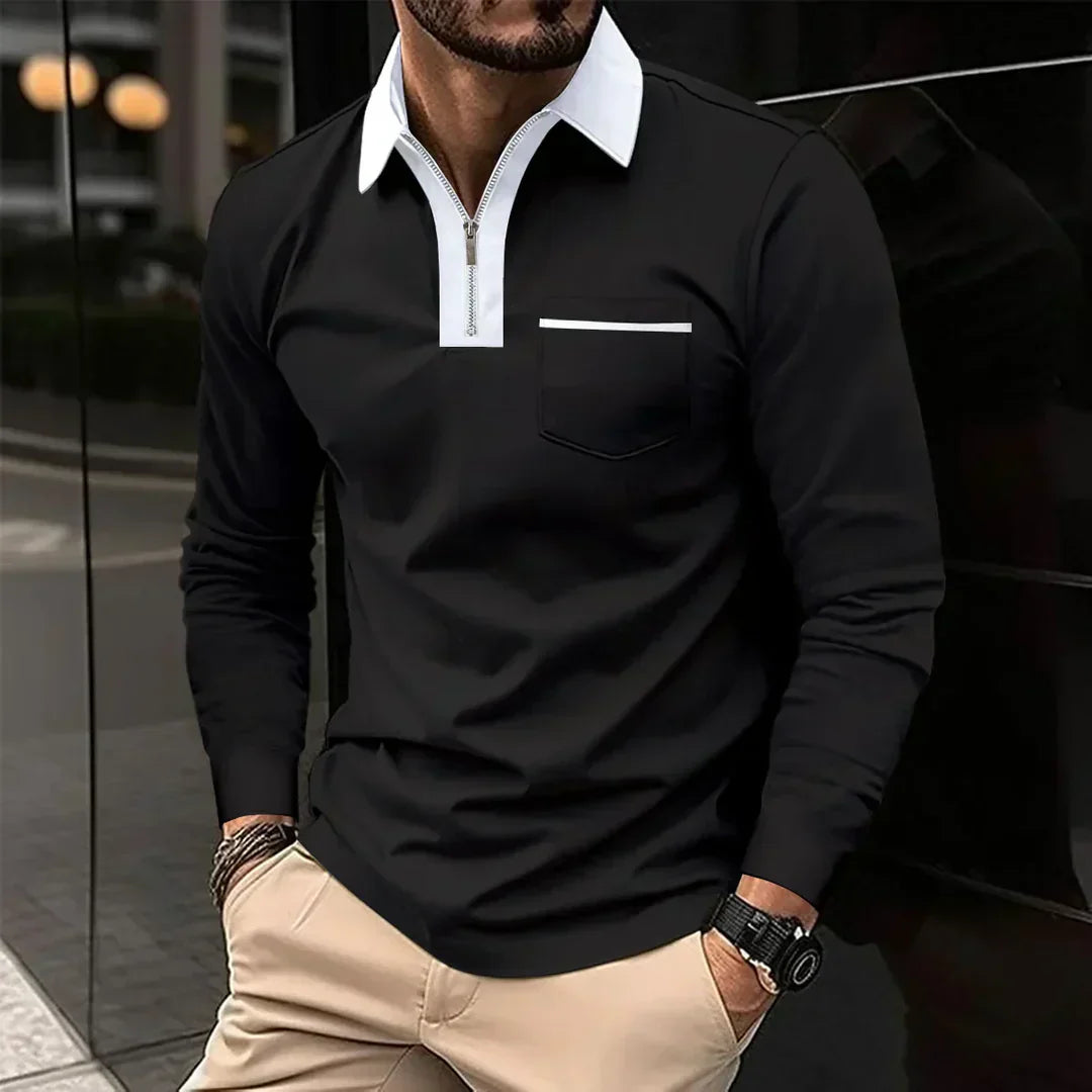 Mens Long-Sleeve Polo Shirt with Zip Collar - BritishMode