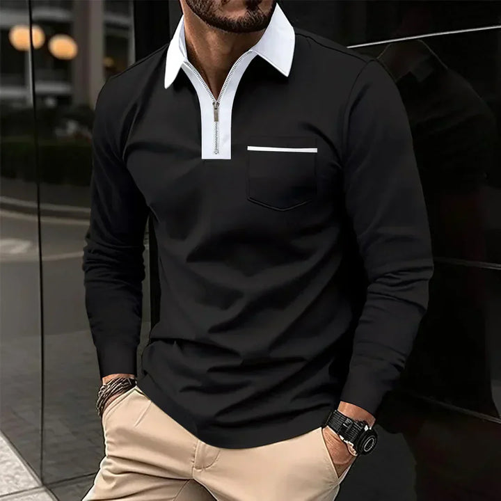 Mens Long-Sleeve Polo Shirt with Zip Collar - BritishMode