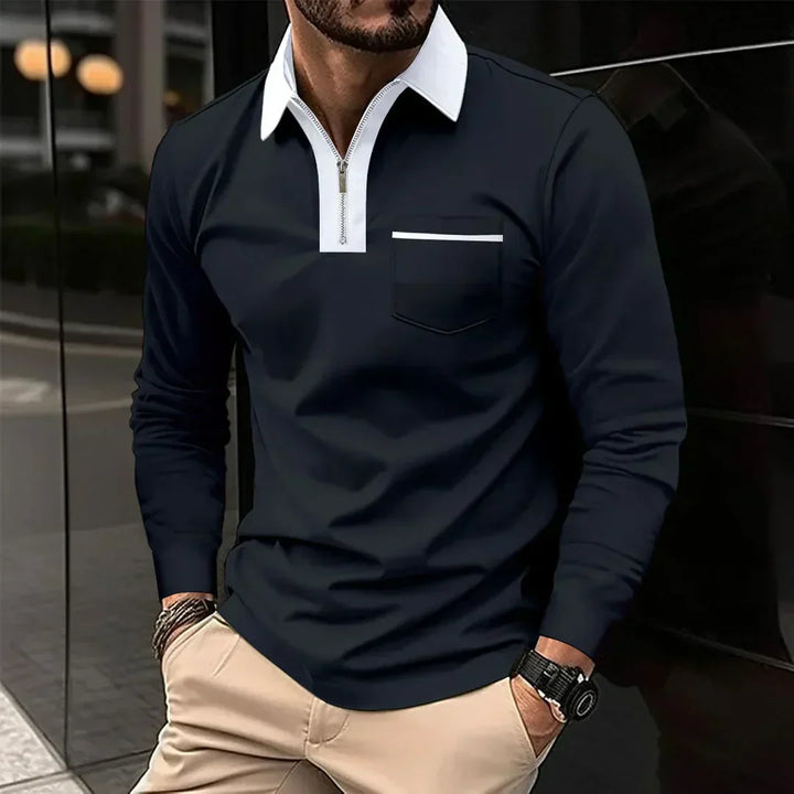 Mens Long-Sleeve Polo Shirt with Zip Collar