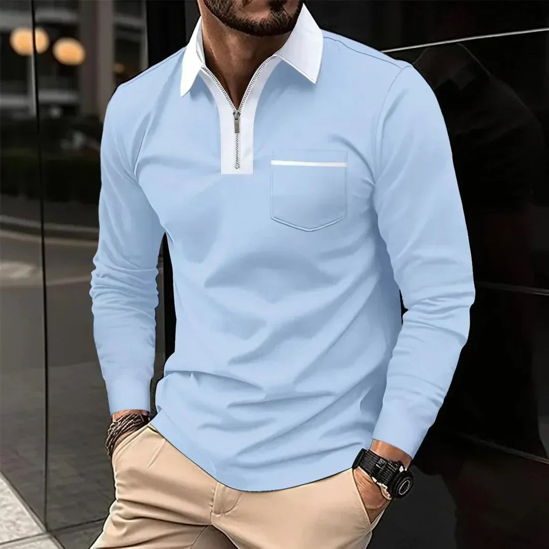 Mens Long-Sleeve Polo Shirt with Zip Collar