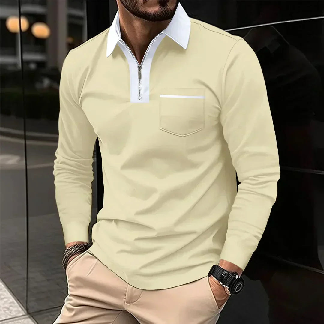 Mens Long-Sleeve Polo Shirt with Zip Collar