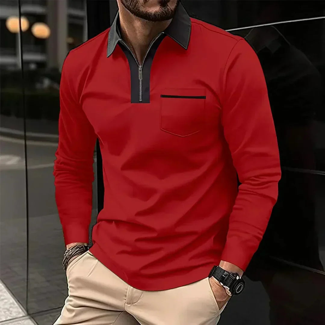 Mens Long-Sleeve Polo Shirt with Zip Collar