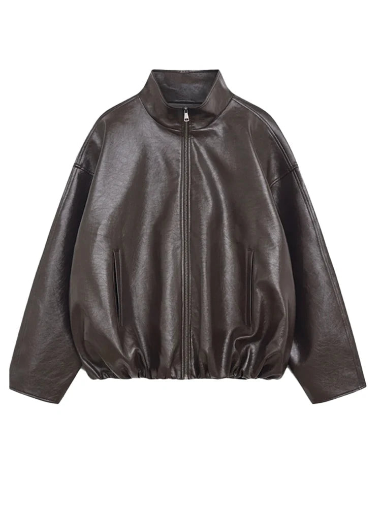 Womens Leather Jacket Zip-Up High Neck Bomber Style