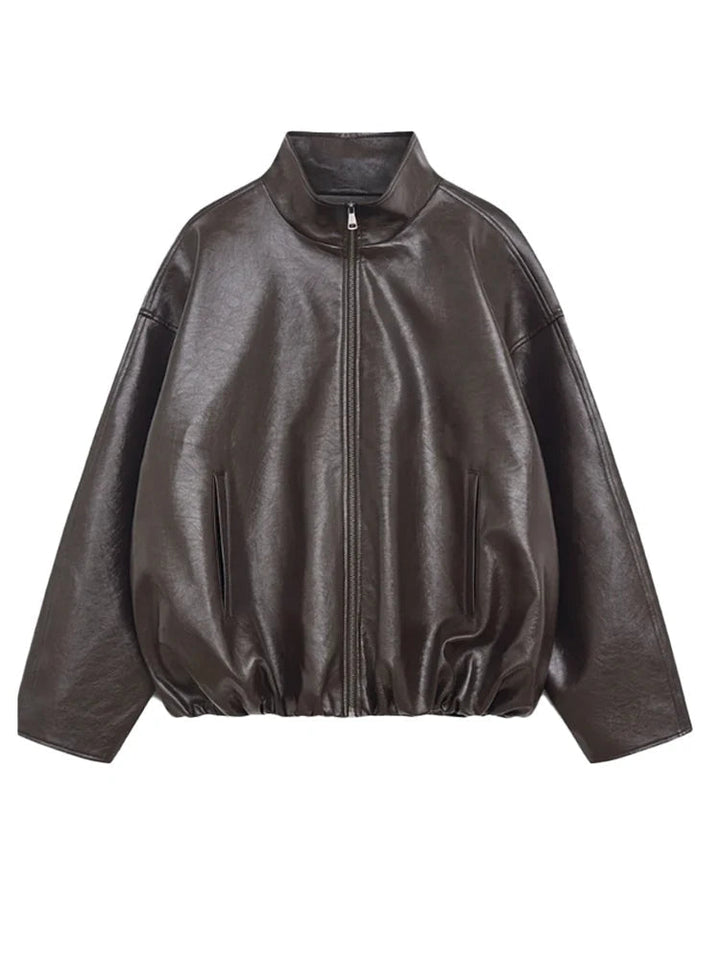 Womens Leather Jacket Zip-Up High Neck Bomber Style