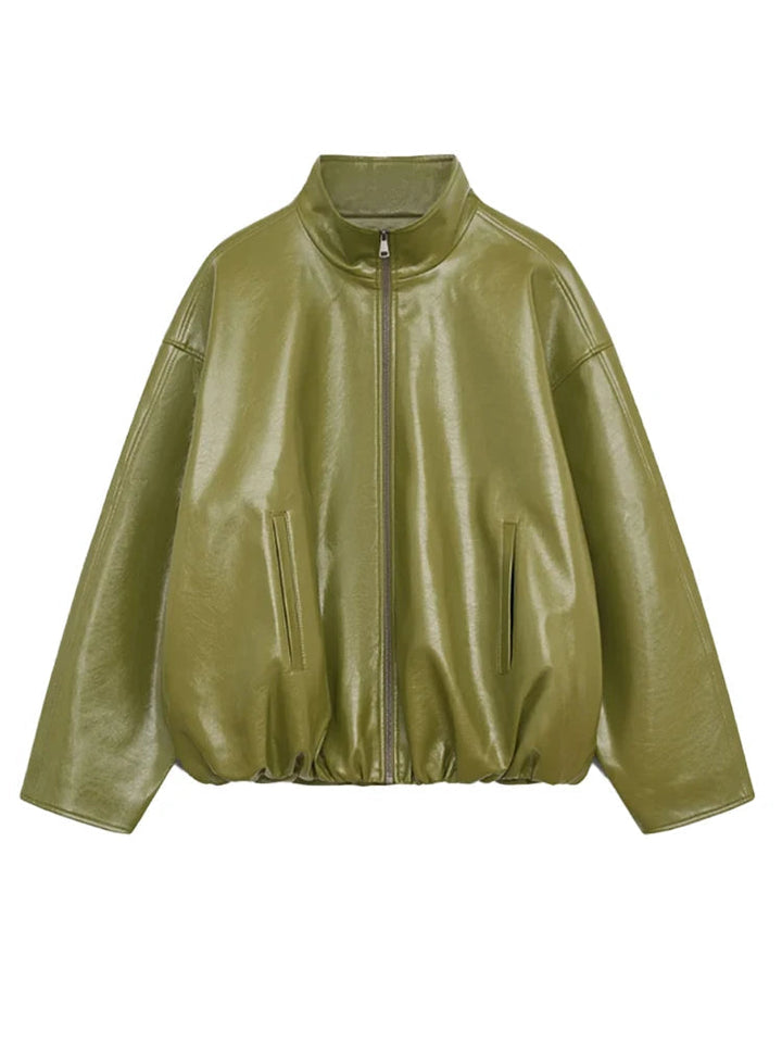 Womens Leather Jacket Zip-Up High Neck Bomber Style - BritishMode