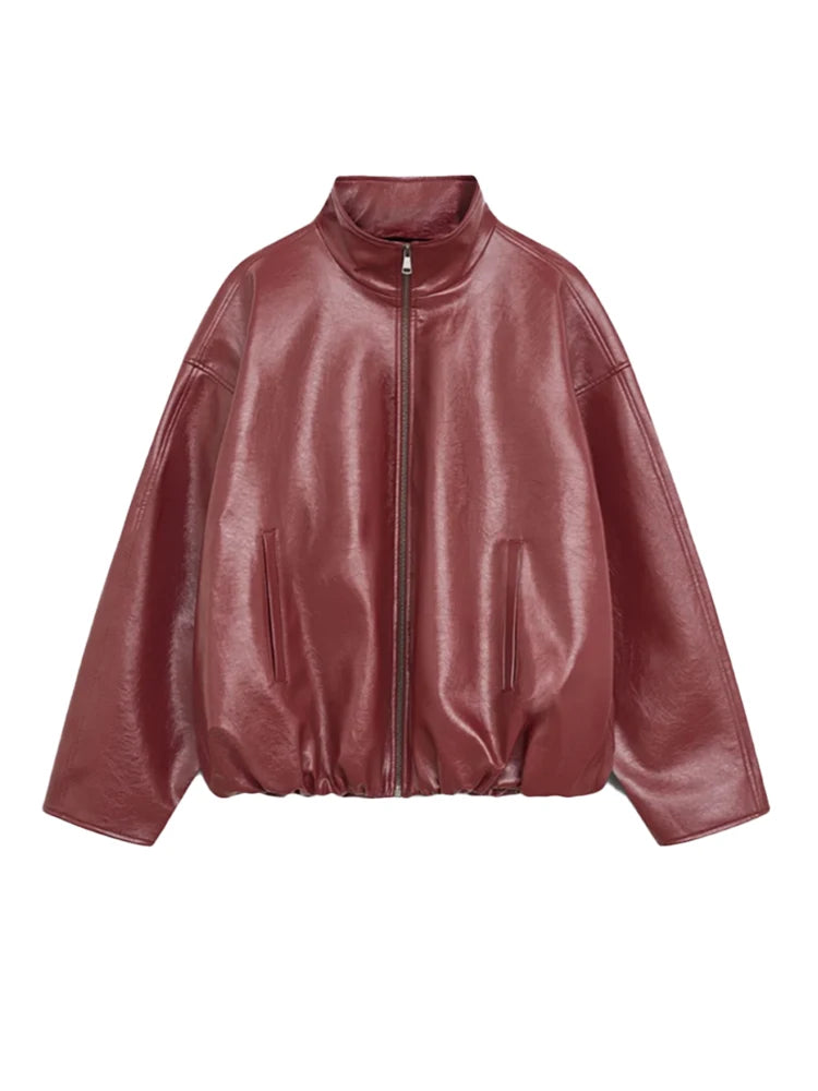 Womens Leather Jacket Zip-Up High Neck Bomber Style