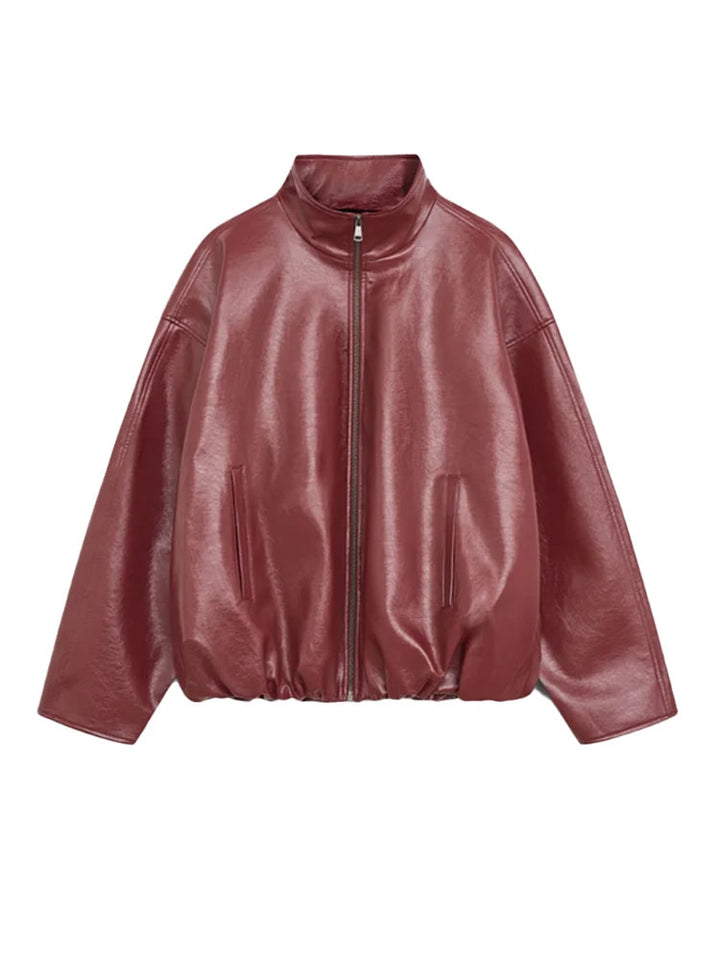 Womens Leather Jacket Zip-Up High Neck Bomber Style