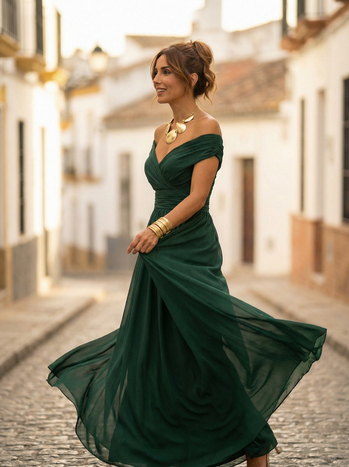 Womens Maxi Dress Chiffon Off Shoulder Ruched Style