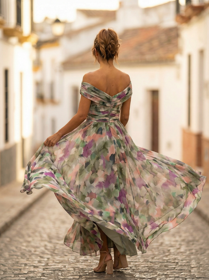 Womens Maxi Dress Chiffon Off Shoulder Ruched Style