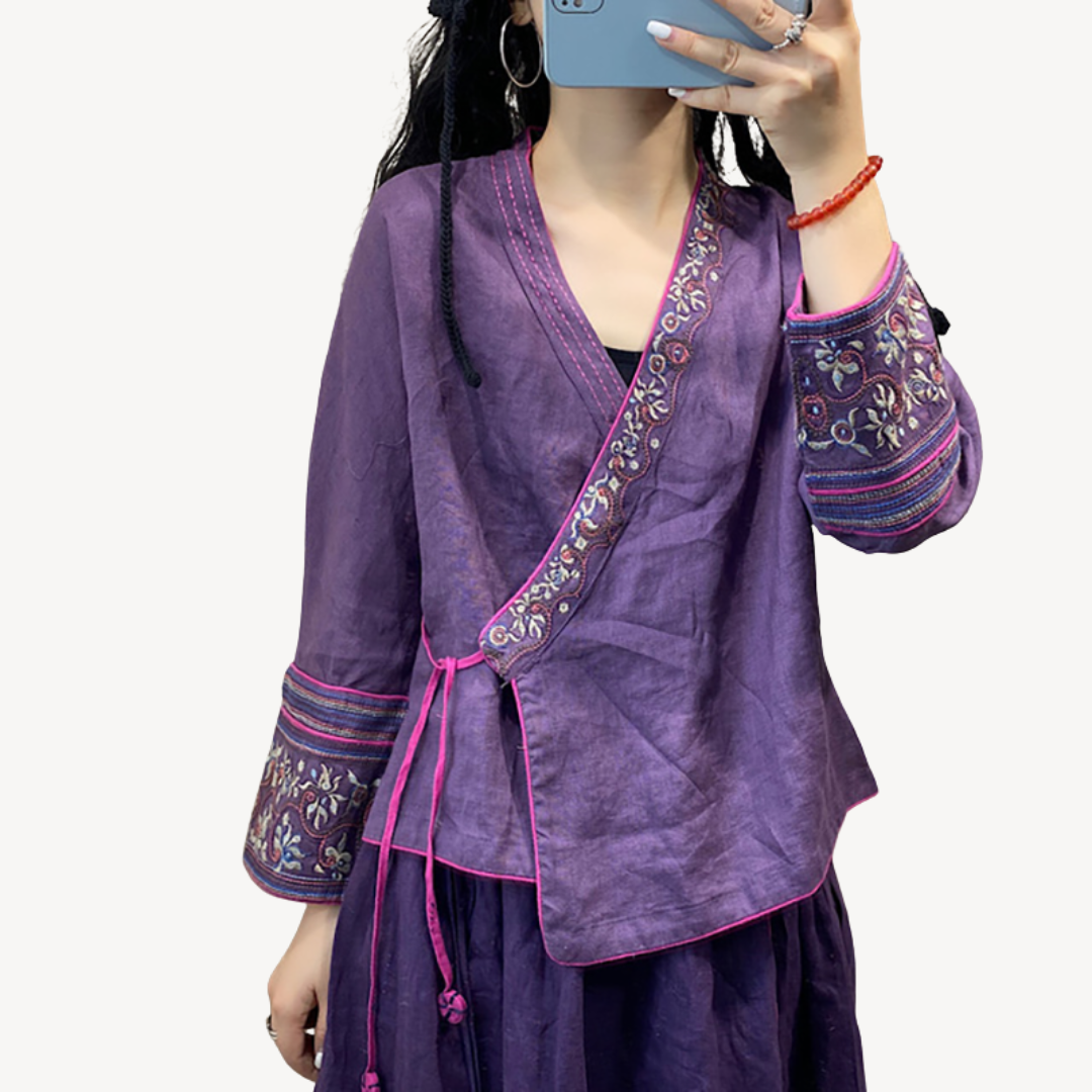 Womens Kimono Jacket Linen Blend Embroidered