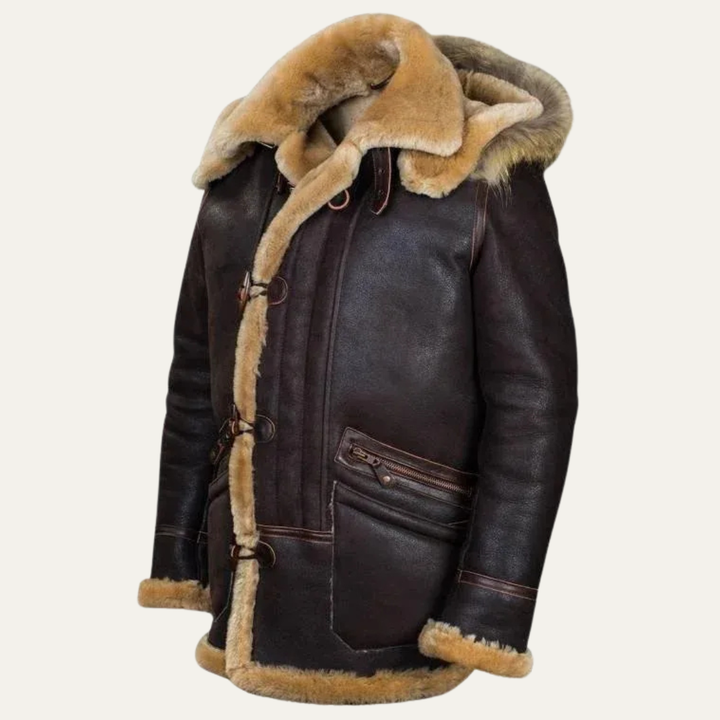 Mens Long Coat with Shearling Trim - BritishMode