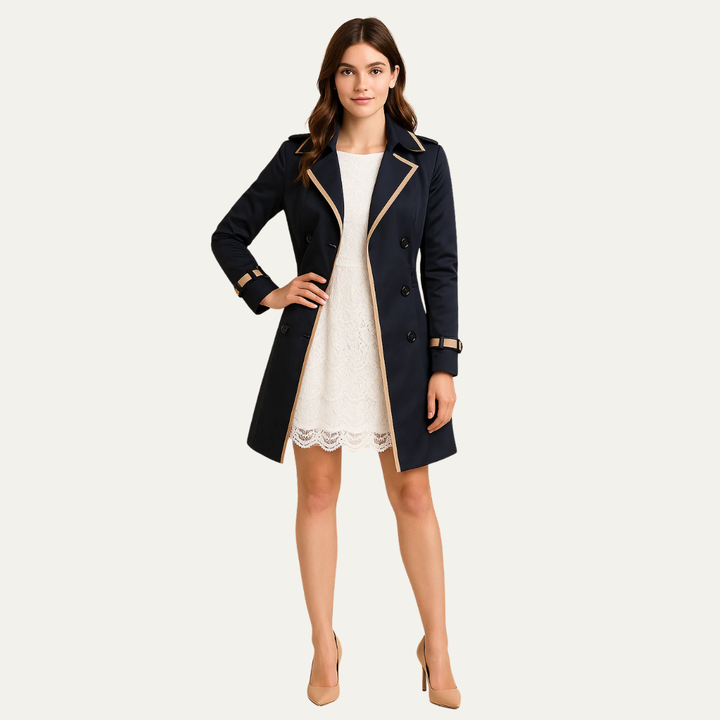 Womens Trench Coat Double Breasted Contrast Trim