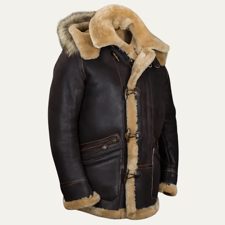 Mens Long Coat with Shearling Trim