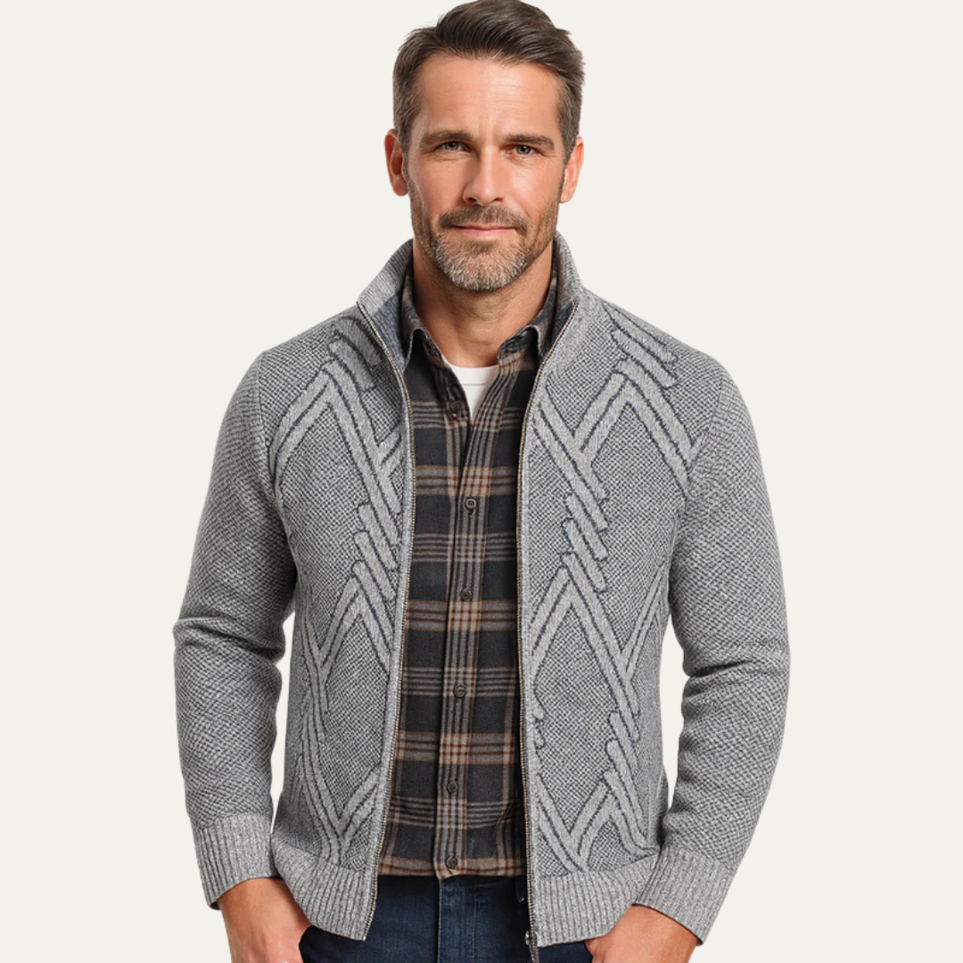 Mens Knit Cardigan Full Zip Standing Collar - BritishMode
