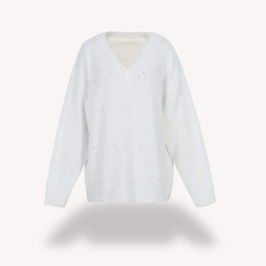 Womens V-Neck Sweater with Pearl Detail
