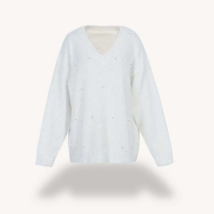Womens V-Neck Sweater with Pearl Detail