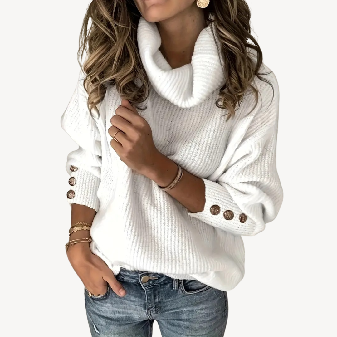 Womens Sweater with Cowl Neck and Button Detail - BritishMode