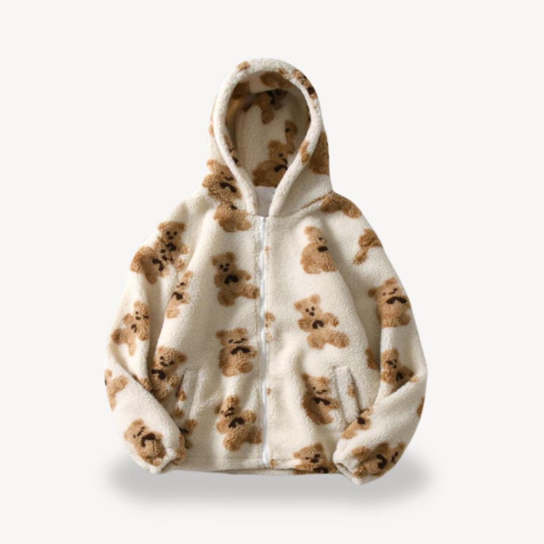 Womens Hooded Jacket with Teddy Bear Pattern Relaxed Fit