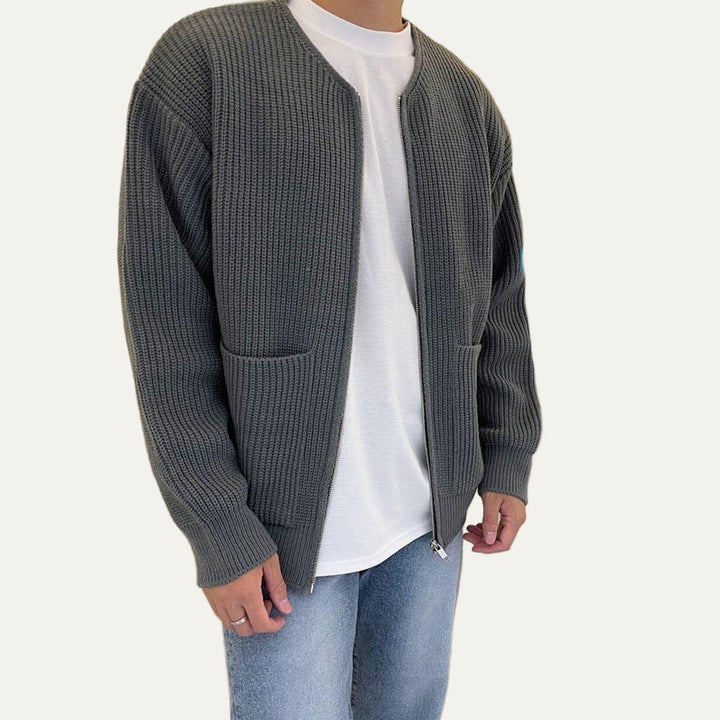 Mens Rib Knit Cardigan Jacket Zip Front Chunky Fit