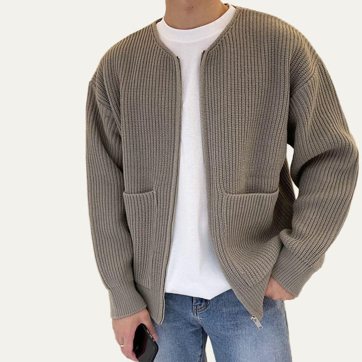 Mens Rib Knit Cardigan Jacket Zip Front Chunky Fit
