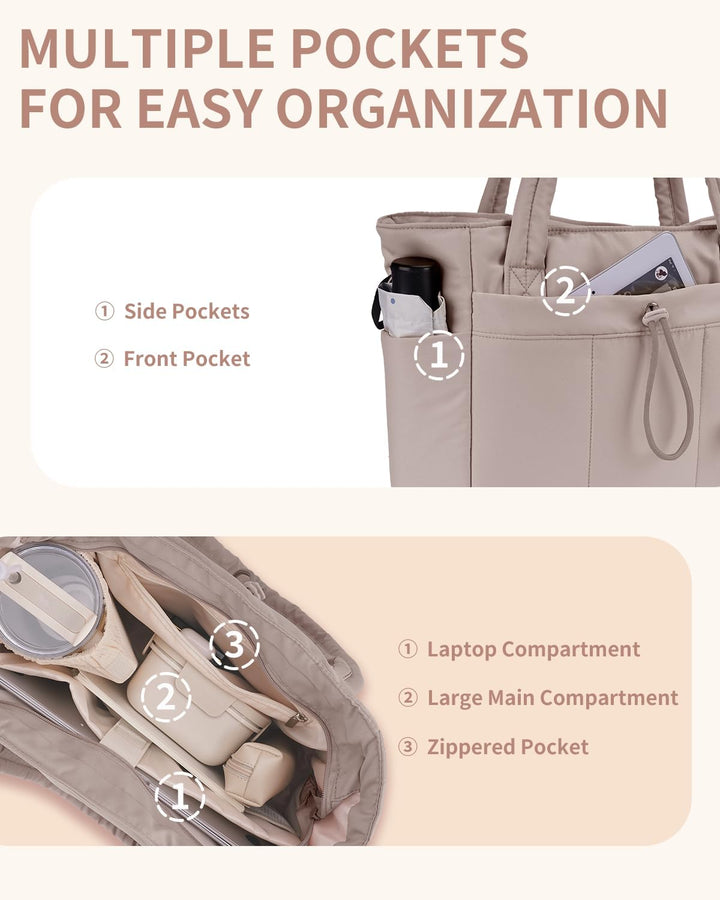 Quilted Tote Bag with Puffer Material and Laptop Sleeve