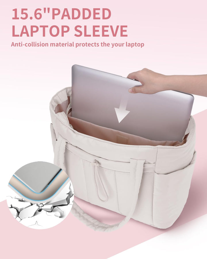 Quilted Tote Bag with Puffer Material and Laptop Sleeve