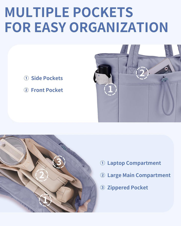 Quilted Tote Bag with Puffer Material and Laptop Sleeve