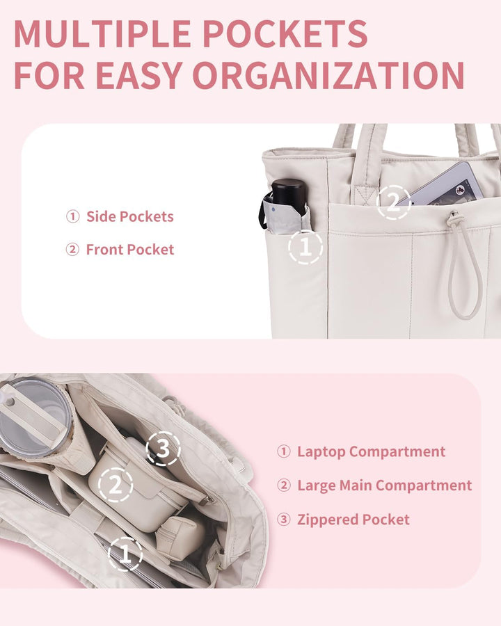 Quilted Tote Bag with Puffer Material and Laptop Sleeve
