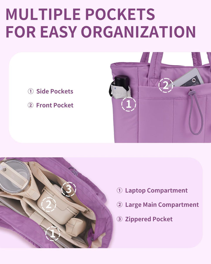 Quilted Tote Bag with Puffer Material and Laptop Sleeve