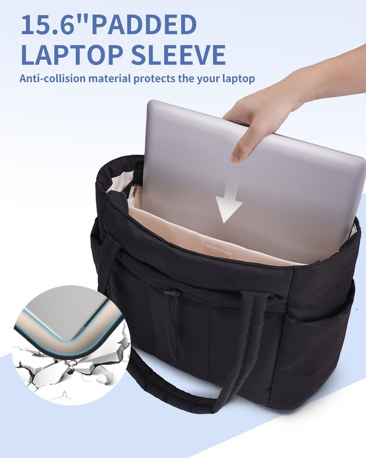 Quilted Tote Bag with Puffer Material and Laptop Sleeve