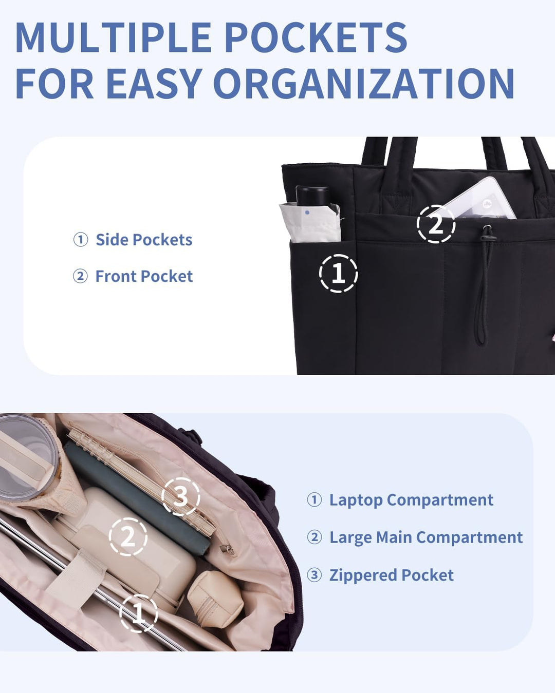 Quilted Tote Bag with Puffer Material and Laptop Sleeve