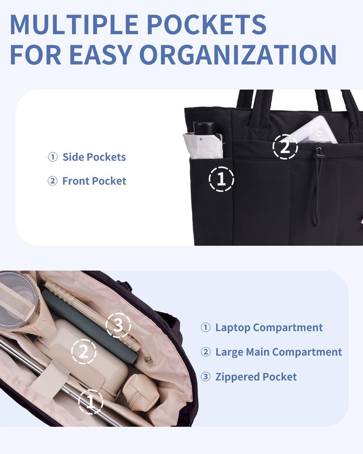 Quilted Tote Bag with Puffer Material and Laptop Sleeve