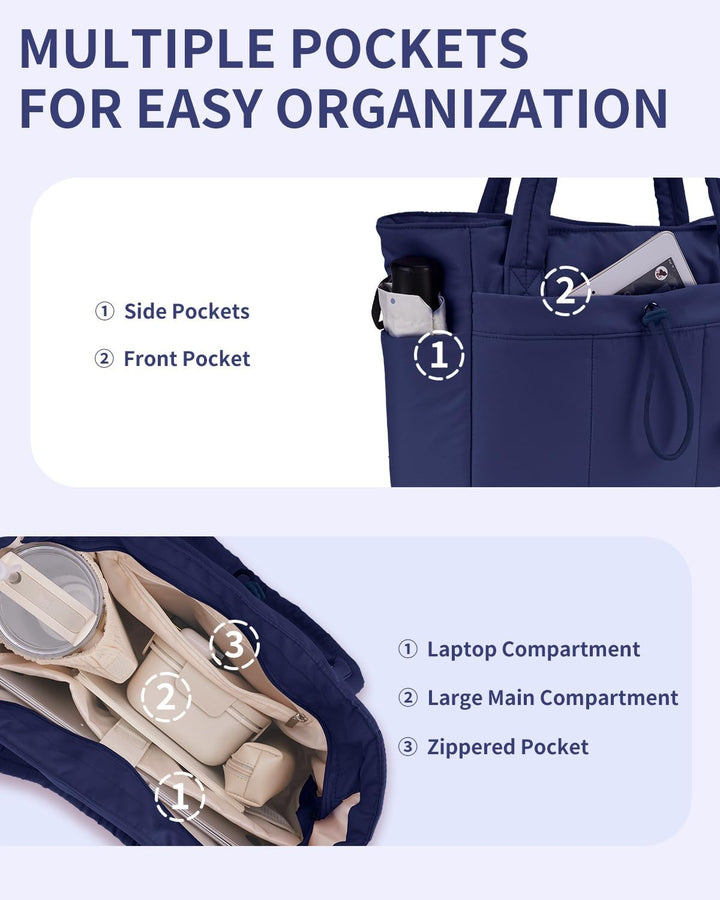 Quilted Tote Bag with Puffer Material and Laptop Sleeve