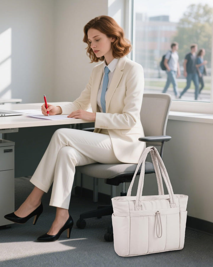 Quilted Tote Bag with Puffer Material and Laptop Sleeve