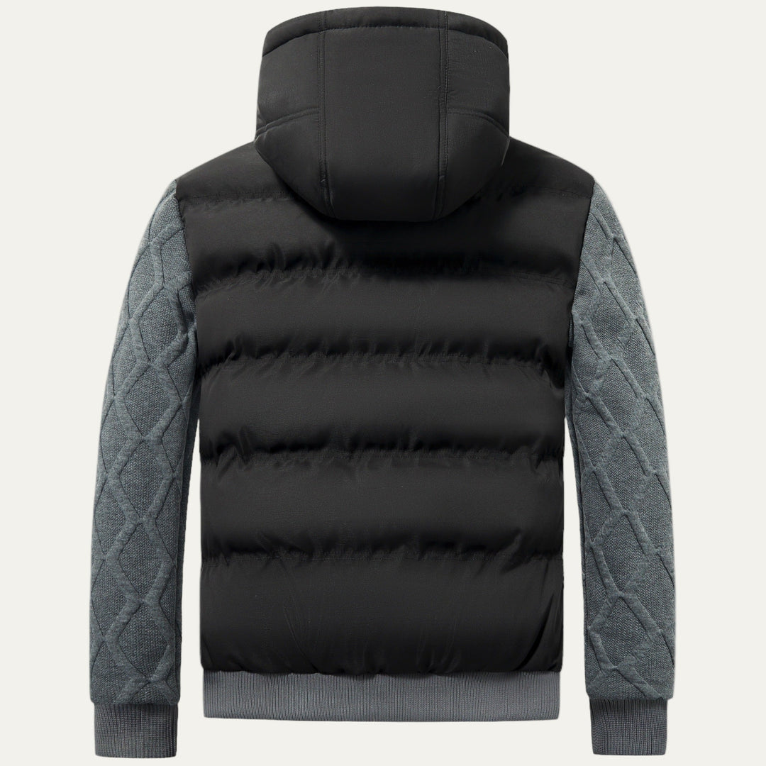 Mens Quilted Puffer Jacket with Hood and Knitted Sleeves