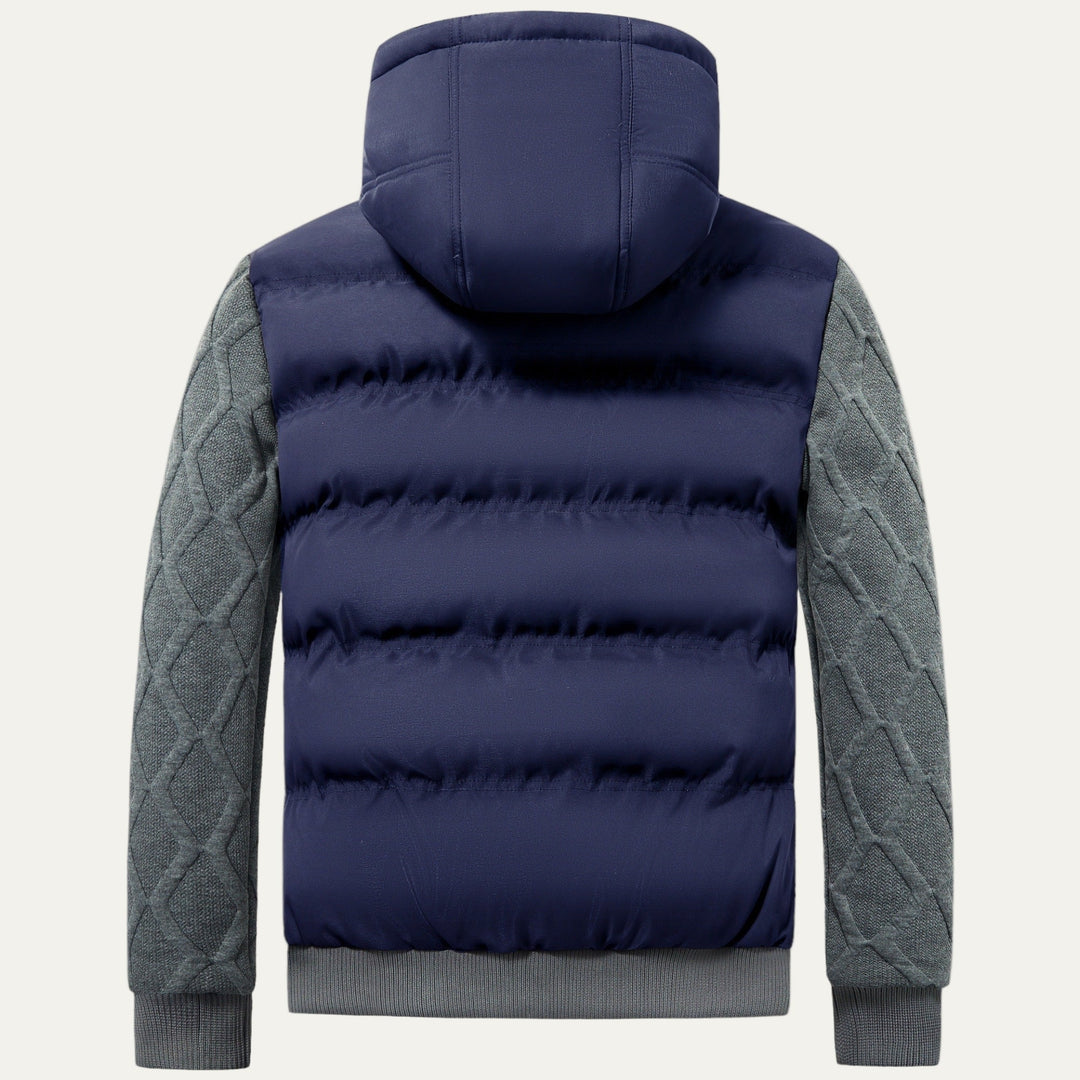 Mens Quilted Puffer Jacket with Hood and Knitted Sleeves