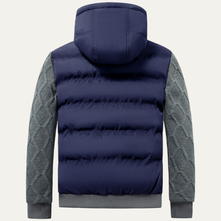Mens Quilted Puffer Jacket with Hood and Knitted Sleeves