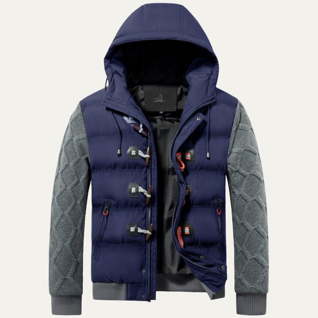Mens Quilted Puffer Jacket with Hood and Knitted Sleeves