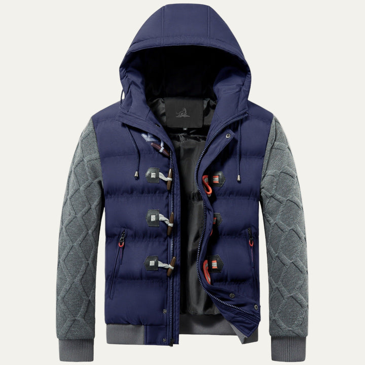 Mens Quilted Puffer Jacket with Hood and Knitted Sleeves