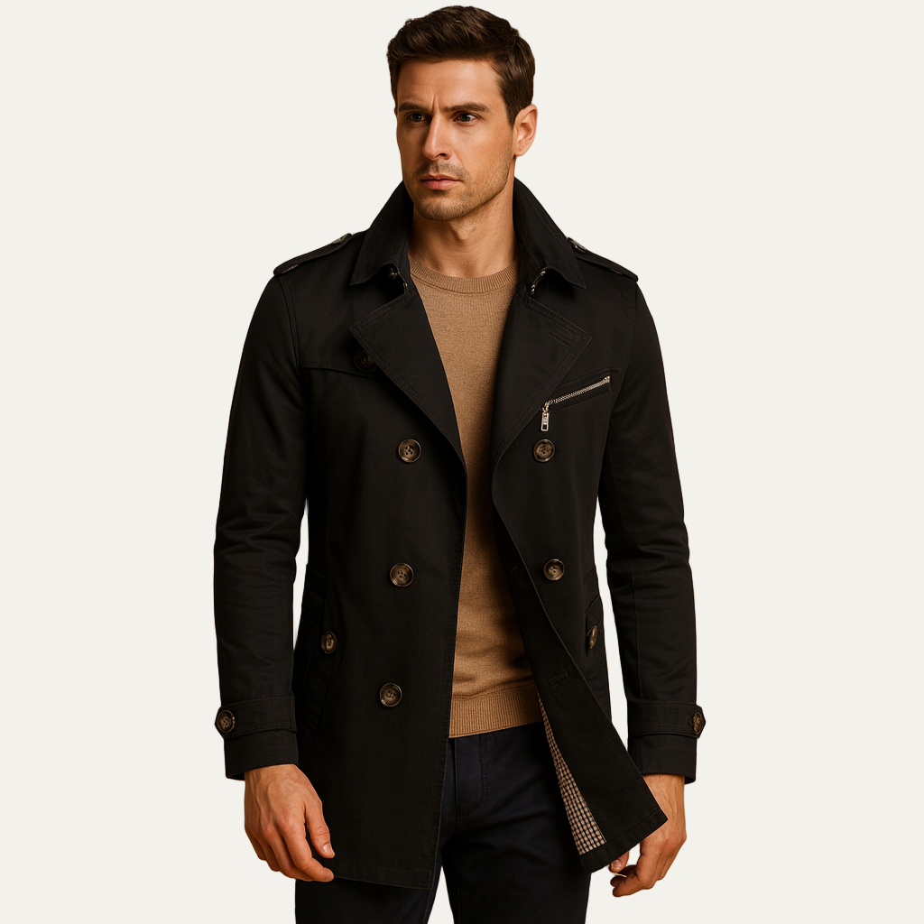 Mens Trench Coat Double Breasted High Collar - BritishMode