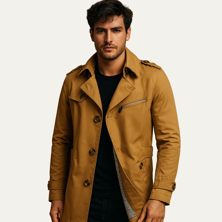 Mens Trench Coat Double Breasted High Collar