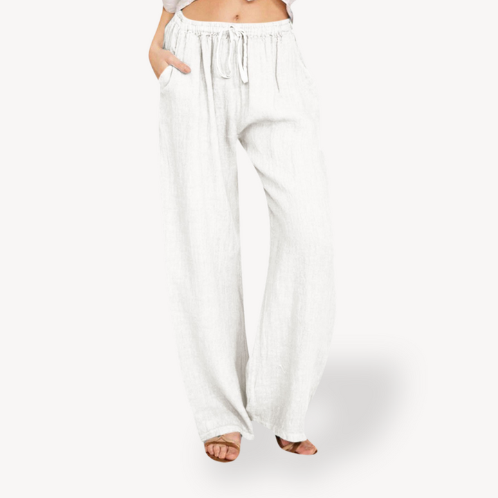 Womens Linen Wide-Leg Pants Drawstring Relaxed Fit