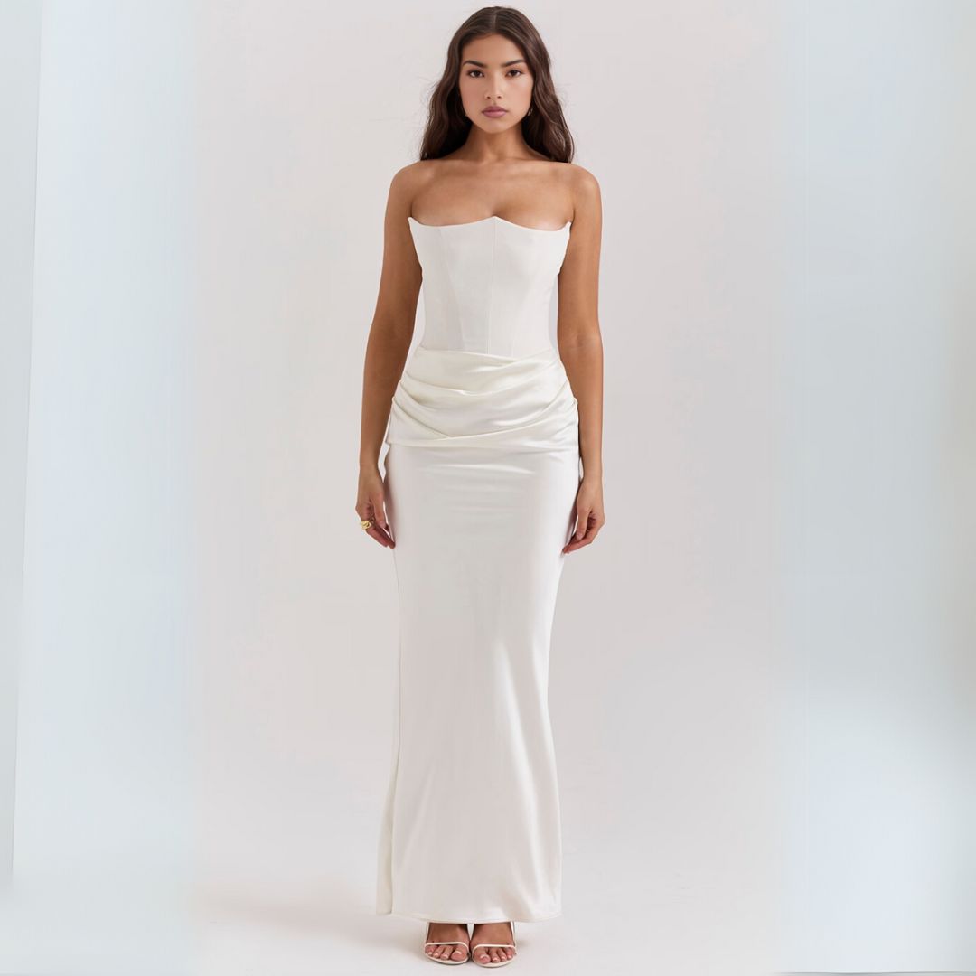 Womens Satin Strapless Corset Maxi Dress