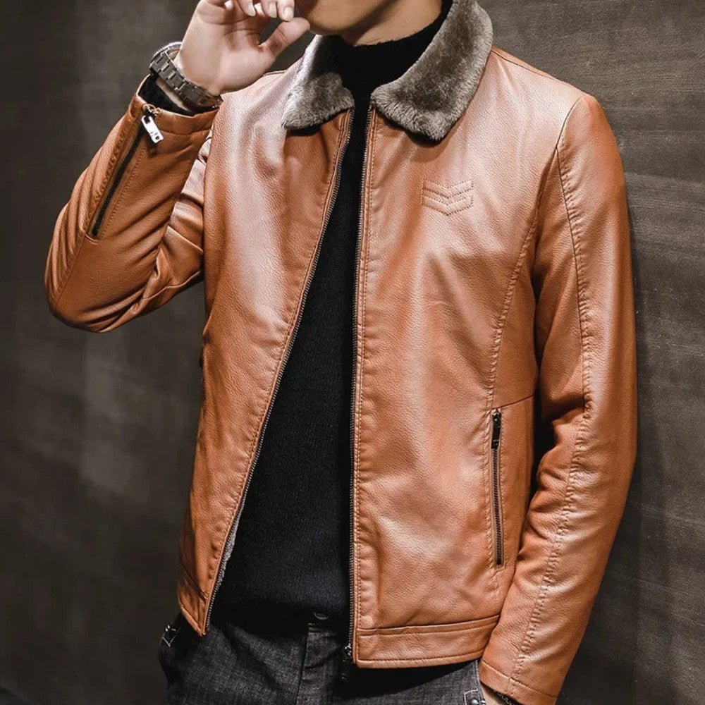 Mens Leather Jacket with Fur Collar Winter Style