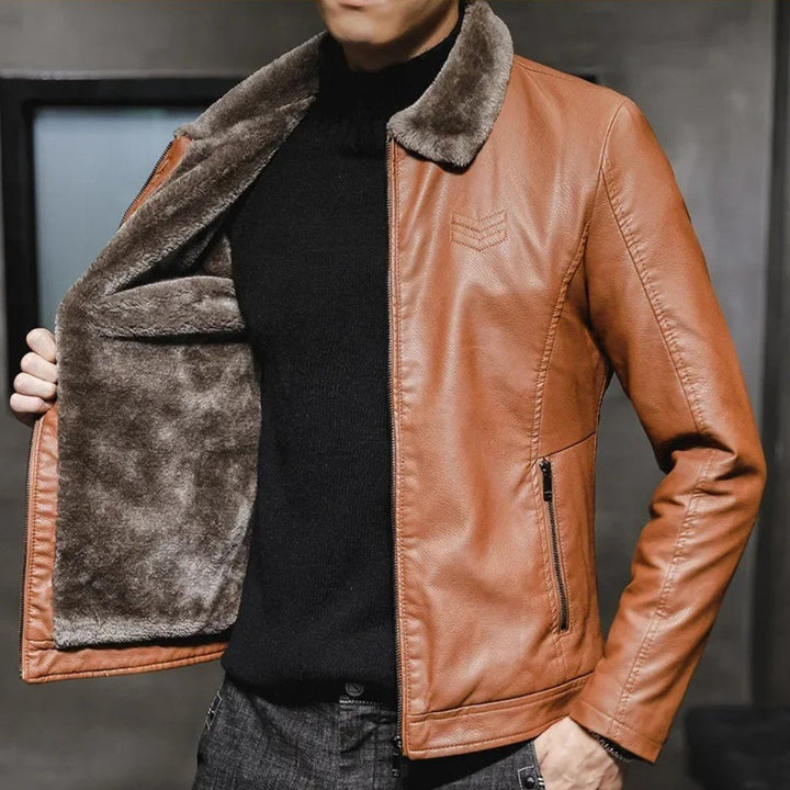 Mens Leather Jacket with Fur Collar Winter Style